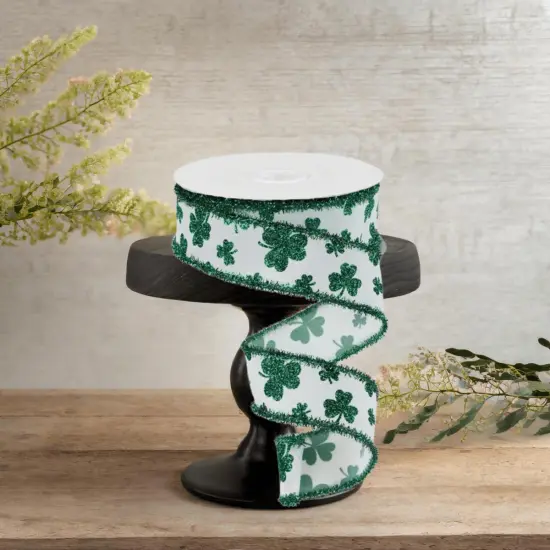 1.5" Glitter Shamrock Tinsel Ribbon: White (10 Yards) {3}