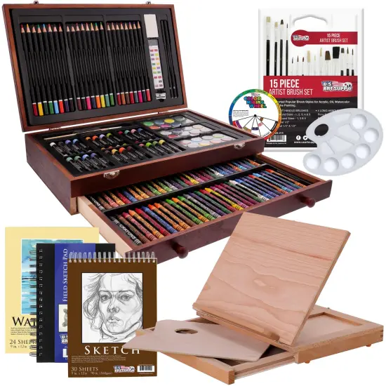 U.S. Art Supply 163-Piece Mega Deluxe Art Painting, Drawing Set, Desk Easel - Painting Pad, Sketch Pads, 24 Watercolors, 24 Colored Pencils, Crayons {1}