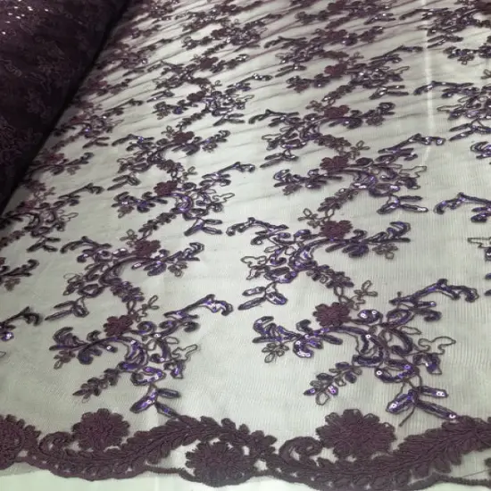 1 Yard Purple Metallic Flowers Sequins Mesh Lace Fabric for Tablecloths and Costumes {4}