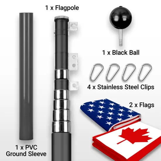 G128 Combo Pack: 20 Ft Telescoping Aluminum Flagpole (Black) & American and Canada Flags 3x5 Ft, Both ToughWeave Series Embroidered Polyester | Pole with Flags Included {2}