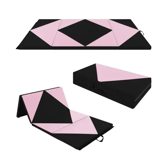 8 Feet PU Leather Folding Gymnastics Mat with Removable Zippered Cover and Hook and Loop Fasteners Black & Pink {3}