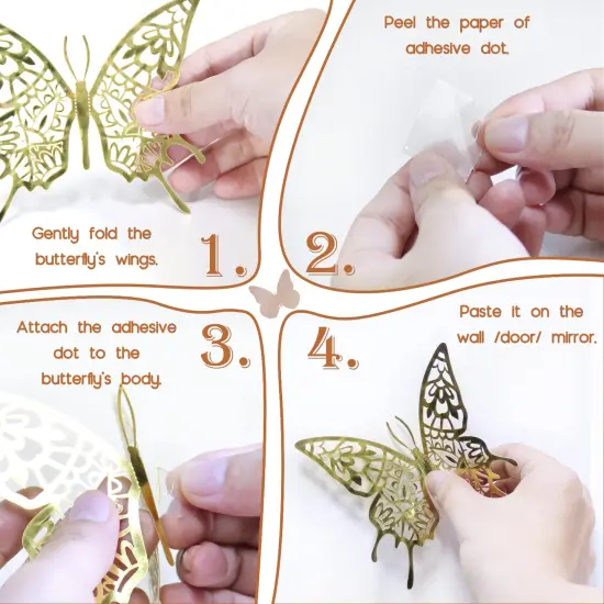 3D Butterfly Wall Decor 48 Pcs 4 Styles 3 Sizes - Gold Butterfly Decorations - Butterfly Birthday Decorations - Butterfly Party Decorations Balloon Cake Decoration - Removable Stickers for Kid Bedroom {2}