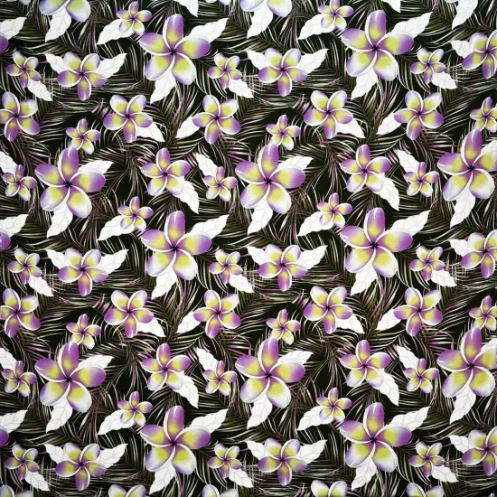 1 Yard Plumeria & Tropical Leaves Print Rayon Poplin Fabric 36in L x 45in W Purple/Lime Gr {1}