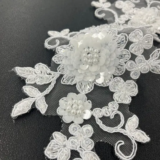 1 Pair Beaded & Corded Floral 3D Lace Applique 100% Polyester Net Mesh 9" x 4" Each Side White {7}