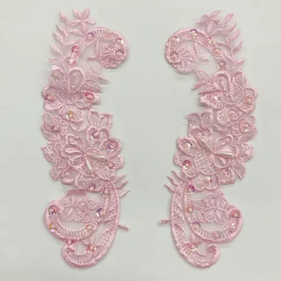 1 Pair Beaded Lace Applique Embroidered on 100% Polyester Organza 9" x 3" Each Side Gold {7}
