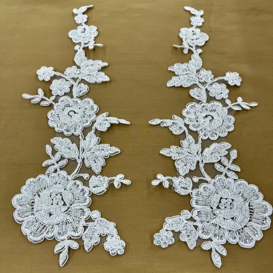 1 Pair Beaded & Corded Floral Lace 100% Polyester Net Mesh 13" x 3.5" Each Side IVORY WITH SIL {5}