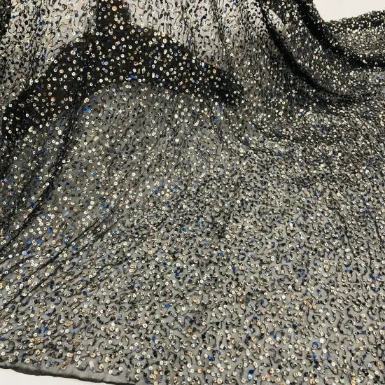 1 Yard Black Sequined Lace Fabric on Chiffon 54" Wide 100% Polyester Heavyweight Bridal & Formal Material {3}