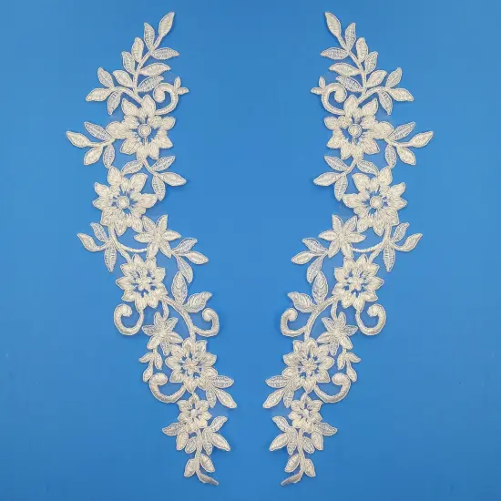 1 Pair 15" x 4" Corded Floral Applique Embroidered on 100% Polyester Net Mesh Off White {5}