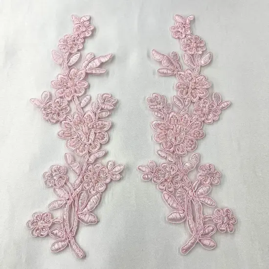 1 Pair Beaded & Corded Floral Lace Applique 10" x 2" Each Side Pink {1}