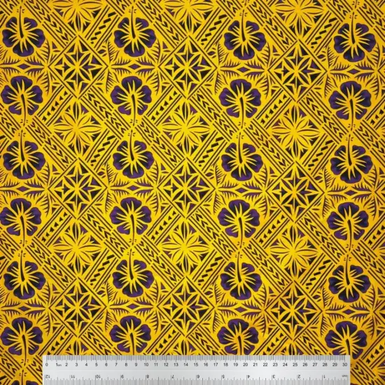 1 Yard Traditional Tapa Hibiscus Fabric 100% Cotton, 36" L x 45" W Black & Green {6}