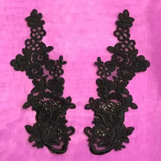 1 Pair 10" x 3.5" Each Side Beaded & Corded Floral Lace Applique100% Polyester Net Mesh Ivory {6}