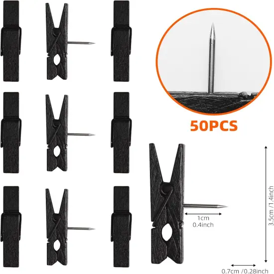 50-Pack Black Push Pins with Spring-Loaded Wooden Clips, Damage-Free Cork Board Tacks for Artwork, Photos & Notes (No-Mark Design) {2}