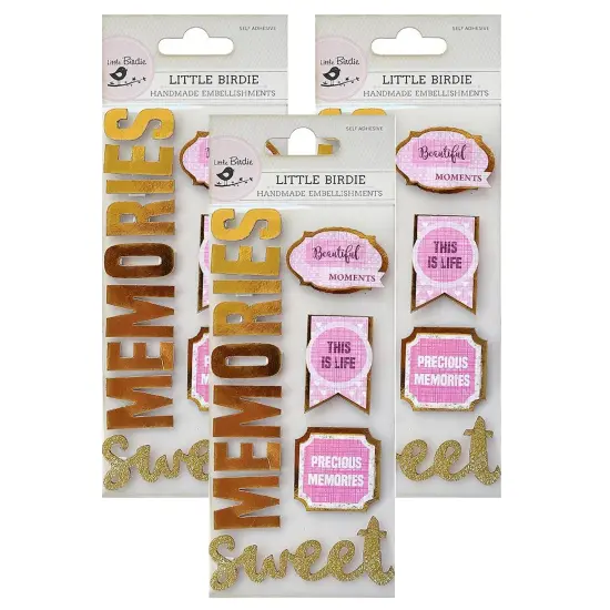 Pack of 3 - Little Birdie Foil and Glitter Sticker Embellishment 12/Pkg-Sweet Memories {1}