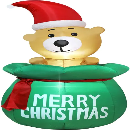 5 Feet Christmas Inflatable Bear with Santa's Bag Lighted Blow Up Christmas Yard Decoration with Built in Fan and Anchor Ropes (Bear with Gift Bag) {2}