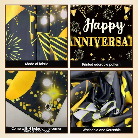 Black and Gold Anniversary Decorations - Banner, Backdrop, Honeycomb Centerpiece {4}