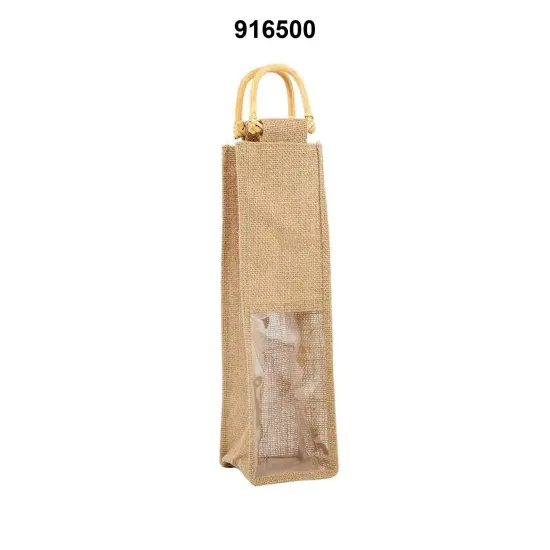 Jute Wine Bag with Wooden Handles 4" x 4" x 14" Elegant {3}