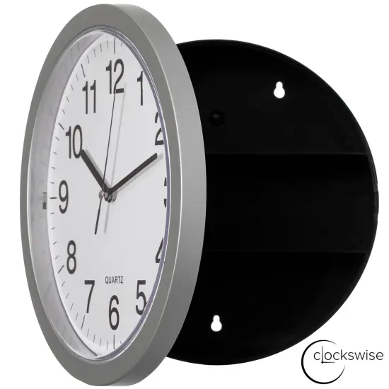 Wall Mounted Plastic Clock with Hidden Storage Door - Secret Interior Compartment, Hidden Safe for Storing Valuables Silver {6}