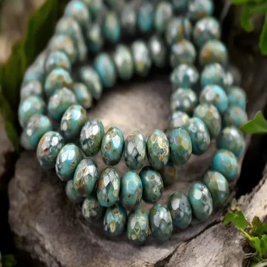 *25* 6x8mm Blended Teal Turquoise Picasso Fire Polished Rondelle Beads {1}