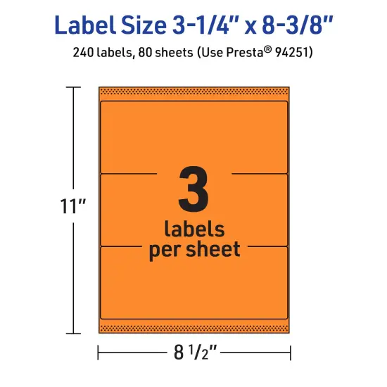 Avery Bright Orange Paper Labels, 3-1/4" x 8-3/8" Rectangle {5}