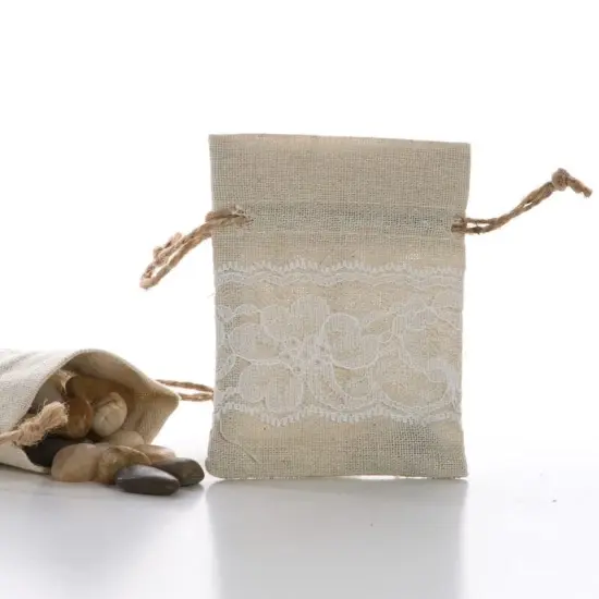 5"x3" Linen & Lace Drawstring Bags Natural/White {3}