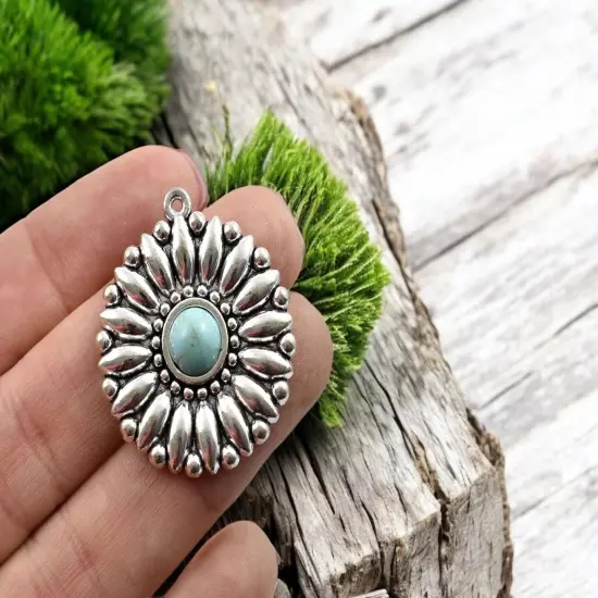 *5* 34x30mm Antique Silver w/Turquoise Sunflower Pendants {3}