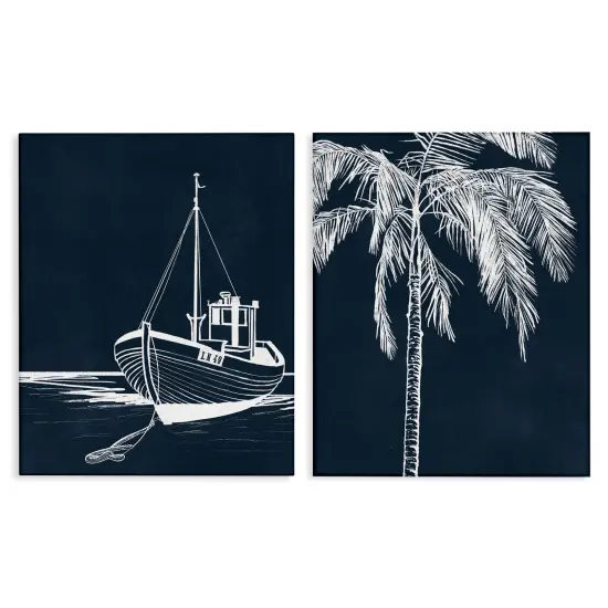 Stupell Industries Blue Boat & Palm 2 pc Canvas Wall Art Set Design by Leah Noel Art {1}