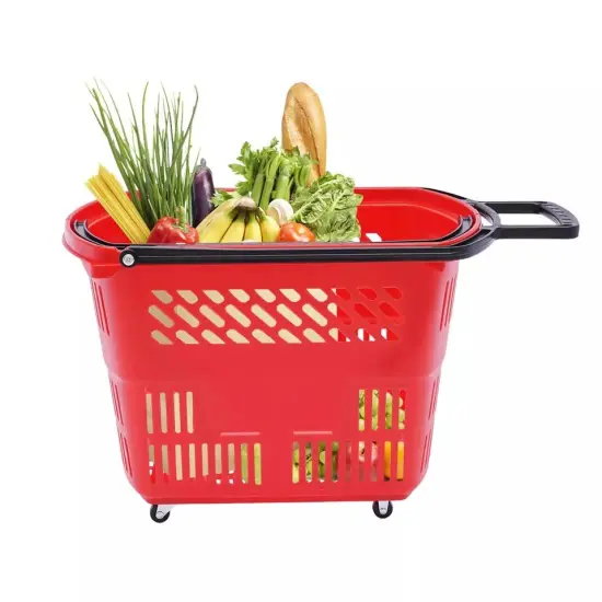 6Pcs Durable Red Rolling Shopping Basket with Wheels and Handle in Supermarkets {1}