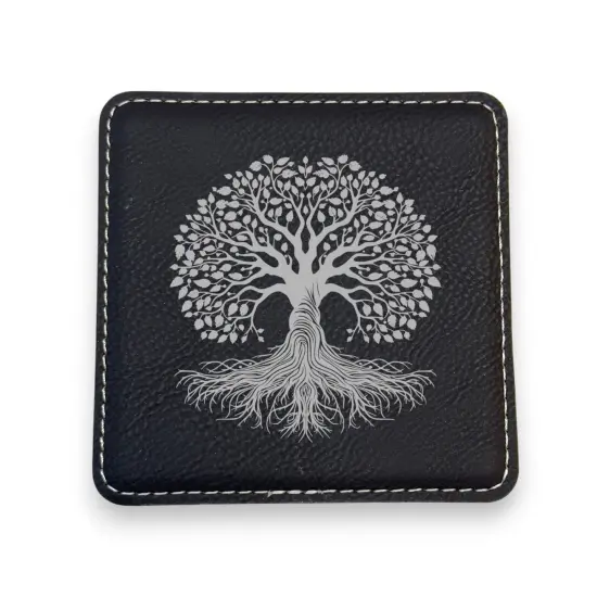 Coaster - Celtic Tree of Life - SET OF 2 - Leather or Stitched Cork Dark Brown/Black {3}