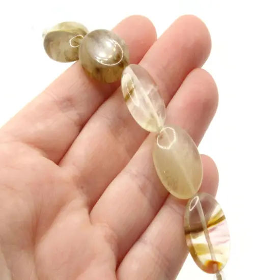 5 20mm Clear Quartz Glass with Brown Lines Flat Oval Beads {2}
