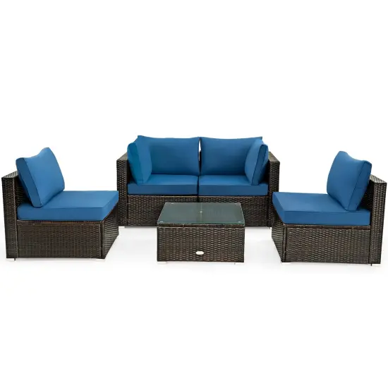 5 Pieces Cushioned Patio Rattan Furniture Set with Glass Table Navy {8}