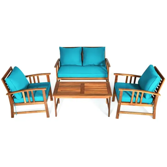 4 Pieces Wooden Patio Furniture Set Table Sofa Chair Cushioned Garden Turquoise {7}