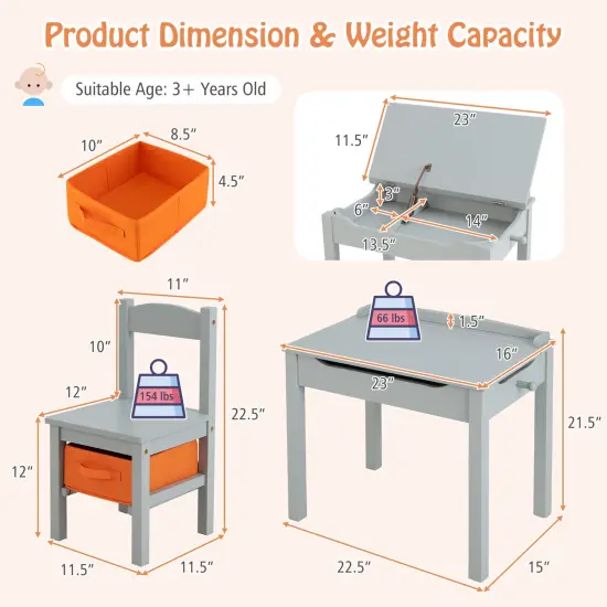 Wood Activity Kids Table and Chair Set with Flip Top Design and Pull-out Drawer Grey {6}