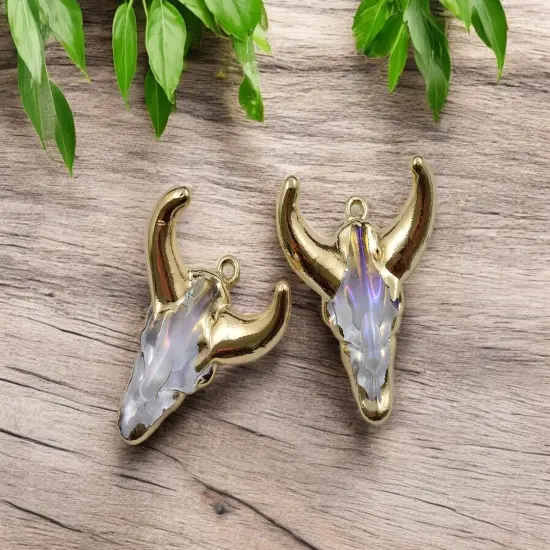 29x26x13mm Gold Plated Brass w/ Crystal AB Cattle Head Charm Pendant {1}
