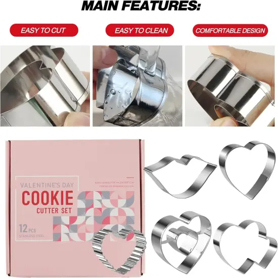 Valentine's Cookie Cutter Set 3 Heart & "I Love U" Shapes Cookie Cutters Stainless Steel Silver {1}