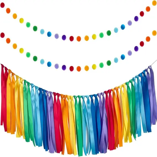 Rainbow Ribbon Felt Ball Garland Fabric Pom Pom Banner(Rainbow) {1}