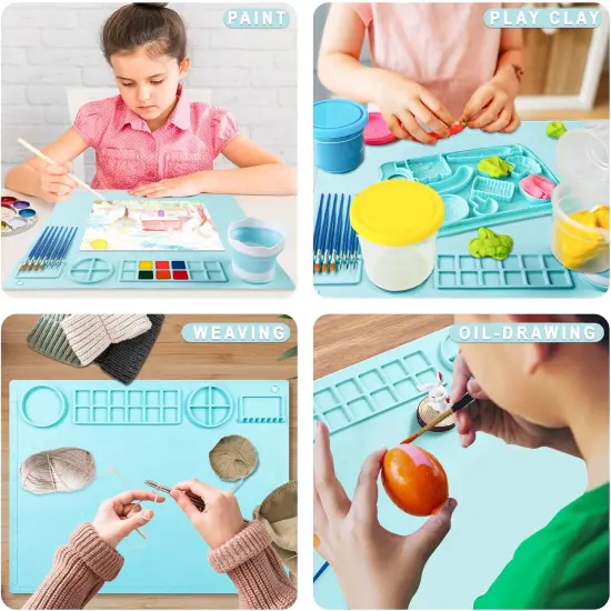 Silicone Craft Mat 20X16 Inch Large Silicone Art mat with Detachable Cup Painting Mat with 10 Painting Brushes Silicone Drawing Mat Sheets for Kids Adult DIY Accessories (Blue) {2}