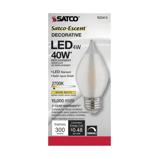 Satco S23413 4w C15 LED Satin Spun Clear 120v Medium Base 300lm 2700k bulb {3}
