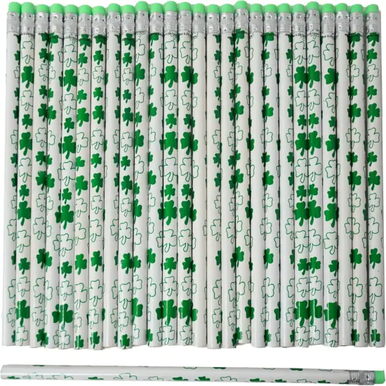4E's Novelty St. Patrick's Day Pencils, 30 Pack, Bulk Wooden Green & White Shamrock Pencils for Kids Pencils for Kids, Classroom Party Favors Supplies Gifts {4}