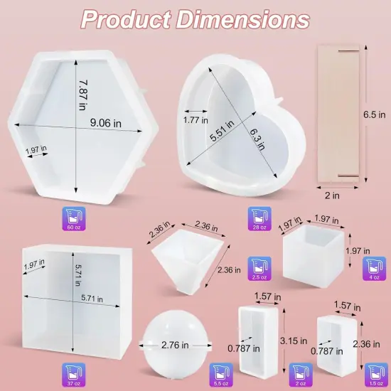 LET'S RESIN 8Pcs Resin Molds Silicone,Deep Epoxy Resin Molds for Flower Bouquet Preservation,Large Silicone Molds for Resin Casting Craft Including Square Hexagon Heart Resin Mold {2}