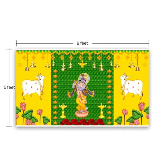 Krishna with Cow Backdrop Indian Traditional Cloth 5x8 Feet Backdrop Pooja Wall Decor Indian Wall Art Photo Decor Banner Indian Janmashtami Decor Decorative Pooja Cloth {5}