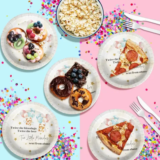 Twin Teddy Bear Baby Shower &ndash; 32 Pcs Disposable Party Plates Set {3}