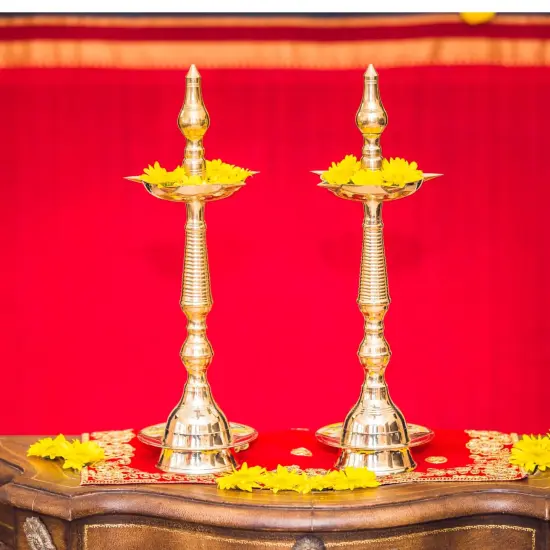 2 CT Brass Oil Lamp DiyaSamai Deepak Lamp Kerala Traditional Kutthu Vilakku Panchmahal Deepam for Home Temple Mandir Office Diwali Decoration - Deepawali Return Gift {7}