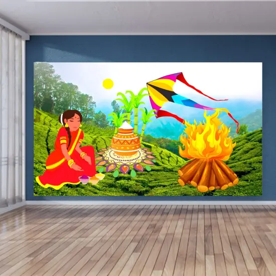 Happy Lohri Backdrop Banner - Indian Traditional Cloth 5x8 Feet Backdrop Pongal Backdrop Makar Sankranti Decor Wall Art Photo Decor Banner Indian Harvesting Festival Bonfire Photography {5}