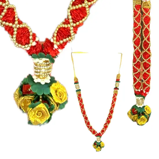 2PC Idol Mala 21 Inch God Goddess Haar Mala Indian Garland Jaimala Makhmali Bhagwan Haar Idol Pooja Item Garland for Photo Frame God Shringar Reusable Satin Mala Temple Decor (Red Golden) {4}