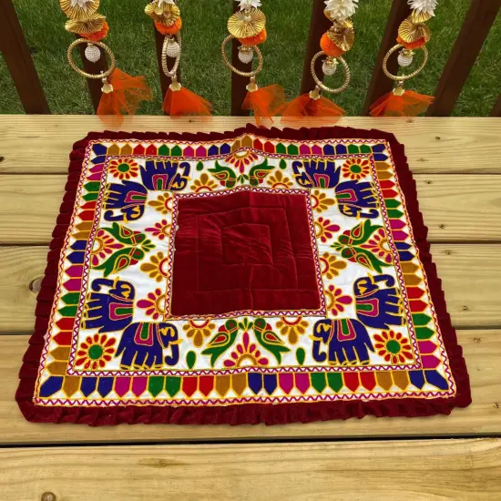 Elephant Pooja Aasan Rug Velvet Prayer Mat Meditation Multipurpose Aasan for Ganesh Pooja Diwali Pooja Mandir and Festive Decor Diwali Decoration Housewarming Gift Red {6}