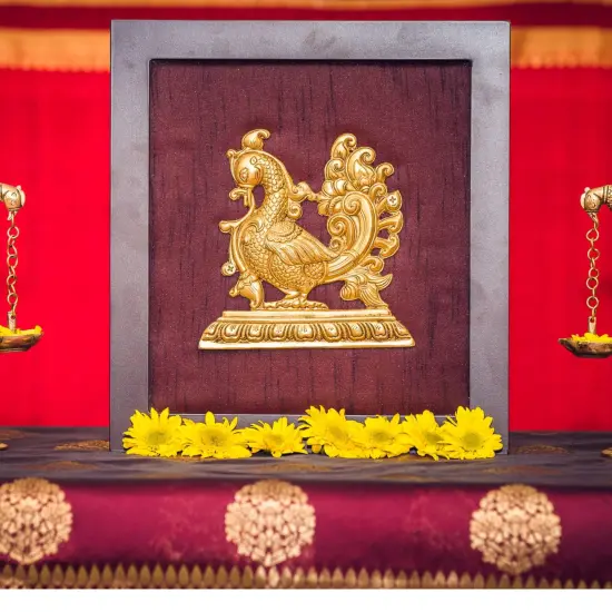 Annam Wall Hanging with Frame in Brass Modern Wooden Framed Artwork Ready to Hang Peacock Showpiece Indian Handicraft for Home Office Housewarming Gift Brown {2}