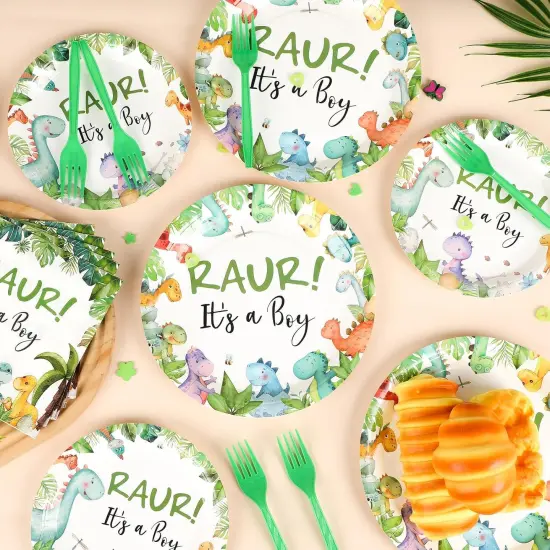 100Pcs Dinosaur Baby Shower Party Decorations for Boy Dino Paper Plates,Serves 25 {3}