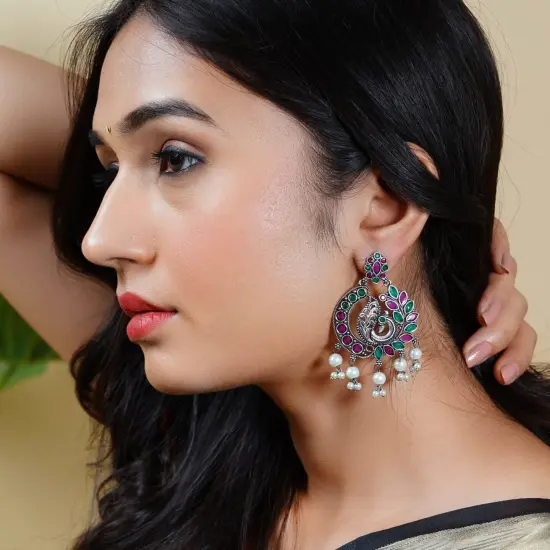 Indian Oxidized Jhumka Earrings for Women - Indian Peacock Earrings Ethnic Chandbali Jhumki Oxidized Beaded Bollywood Style Dangle Earring Jewelry for Bride | Birthday Gift for Her Green {2}