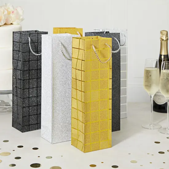 6 Pack Foiled Glitter Wine Bottle Gift Bags with Handles for Holidays, New Years, Birthdays (Silver, Black, Gold, 3.8 x 14 x 3.3 In) {2}