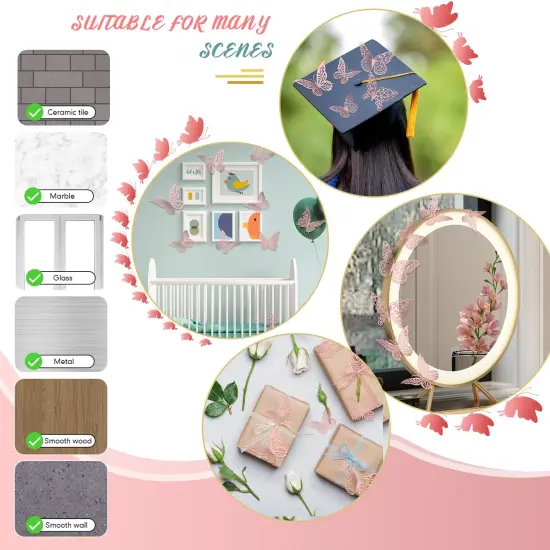 3D Gold Butterfly Wall Decor 3 Sizes 4 Styles Butterfly Party Decorations Cake Decorations Removable Stickers Wall Decor Room Mural Metallic Kids (Pink, 48Pcs) {4}
